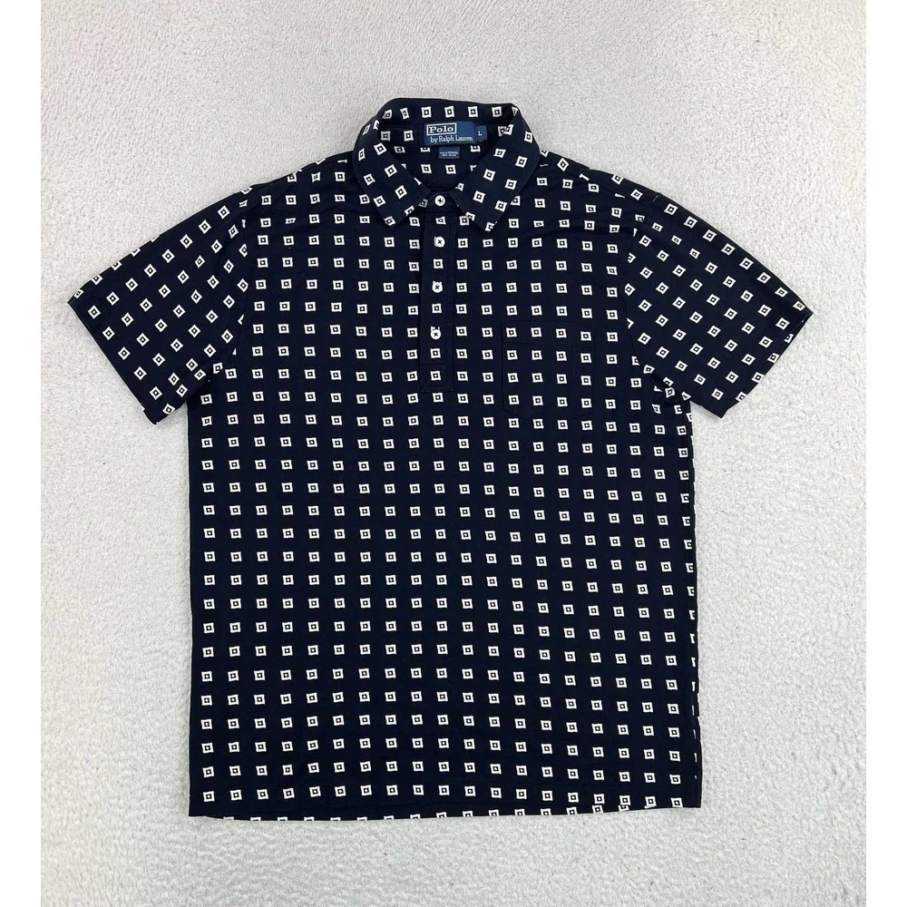Polo Ralph Lauren Mens Large Blue Geometric Cotton Jersey Knit Polo Shirt